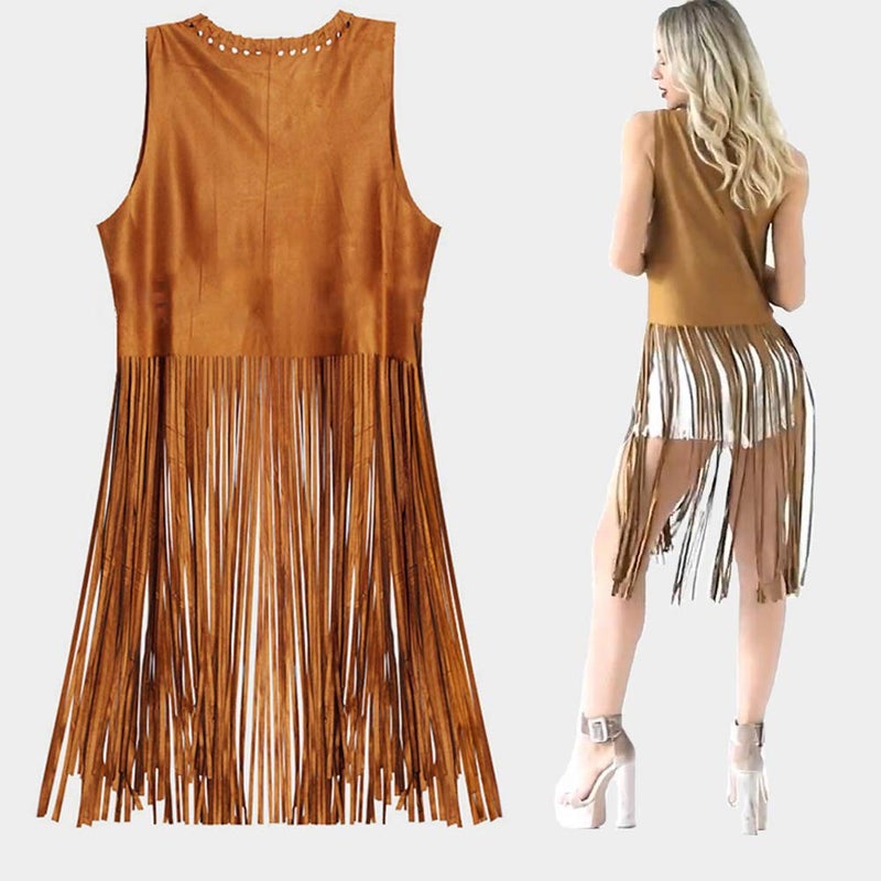 EVISWIY Hippie Costumes Clothes for Women 60s 70s Outfits Women Hippie Vest with Fringe Sleeveless Cardigan Faux Seude Tassels Vest Set(XX-Large) Beige - Image 4